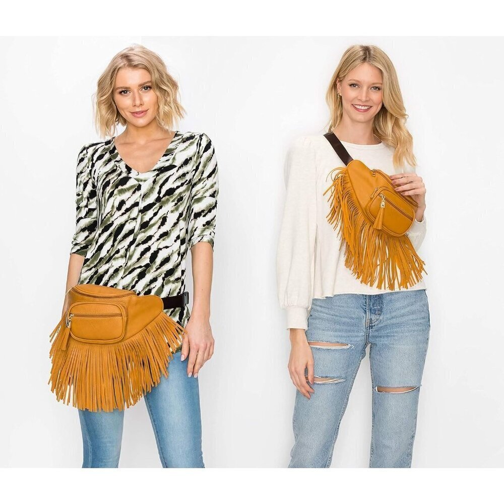 💫 Women Green Fringe Multi Zipper Pockets Trendy Style Casual Wear Waist bag - Picture 7 of 9